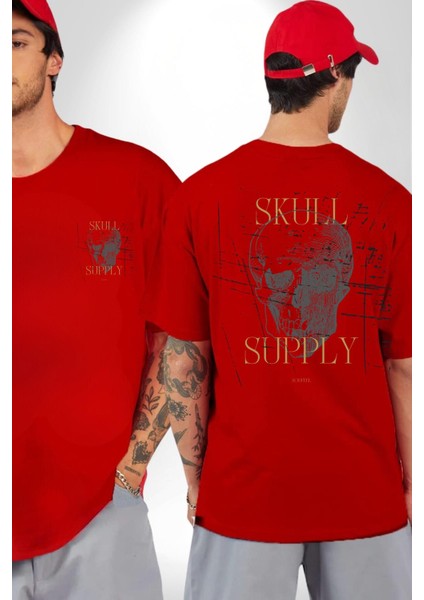 Kafatası Temini Zengin Tasarım Kadın Erkek Ön Minimal Sırt Baskılı Kırmızı Pamuklu Tişört