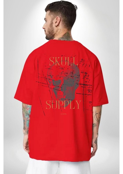 Kafatası Temini Zengin Tasarım Kadın Erkek Ön Minimal Sırt Baskılı Kırmızı Pamuklu Tişört fiyatları