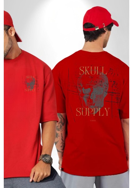 Kafatası Temini Zengin Tasarım Kadın Erkek Ön Minimal Sırt Baskılı Kırmızı Pamuklu Tişört fırsatları