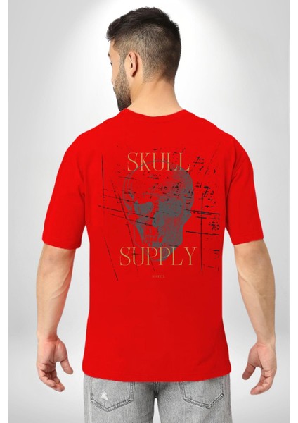 Kafatası Temini Zengin Tasarım Kadın Erkek Ön Minimal Sırt Baskılı Kırmızı Pamuklu Tişört indirimleri