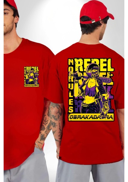 Isyancı Havalı Kadın Kadın Erkek Ön Minimal Sırt Baskılı Kırmızı Pamuklu Tişört
