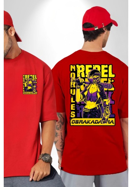 Isyancı Havalı Kadın Kadın Erkek Ön Minimal Sırt Baskılı Kırmızı Pamuklu Tişört fırsatları