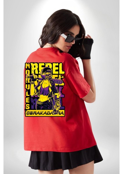 Isyancı Havalı Kadın Kadın Erkek Ön Minimal Sırt Baskılı Kırmızı Pamuklu Tişört indirimleri