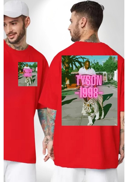 Mike Tyson Boks Efsanesi Kadın Erkek Ön Minimal Sırt Baskılı Kırmızı Pamuklu Tişört