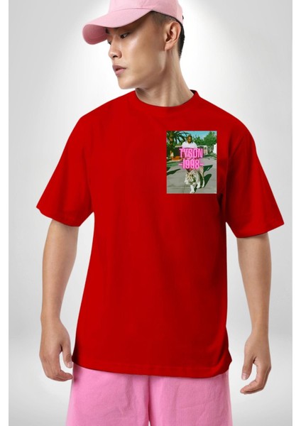 Mike Tyson Boks Efsanesi Kadın Erkek Ön Minimal Sırt Baskılı Kırmızı Pamuklu Tişört modelleri