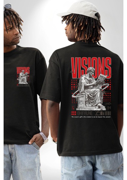 Haber Okuyan Romalı Insan Vizyon Kadın Erkek Ön Minimal Sırt Baskılı Siyah Pamuklu Tişört