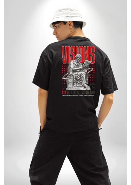 Haber Okuyan Romalı Insan Vizyon Kadın Erkek Ön Minimal Sırt Baskılı Siyah Pamuklu Tişört fiyatları