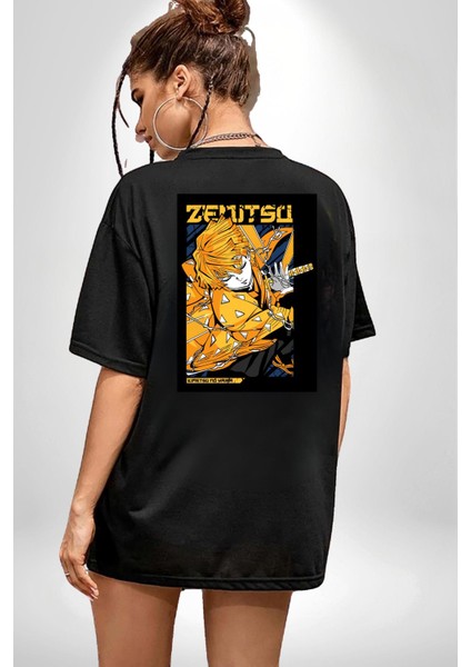 Demon Slayer Zenitsu Agatsuma Anime Kadın Erkek Ön Minimal Sırt Baskılı Siyah Pamuklu Tişört indirimleri