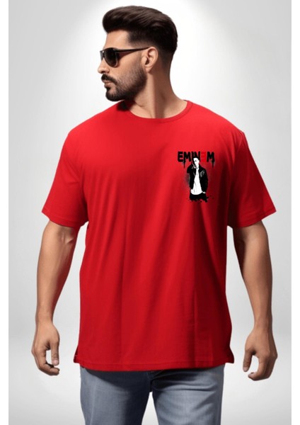 Eminem Rap Tanrısı Kadın Erkek Ön Minimal Sırt Baskılı Kırmızı Pamuklu Tişört modelleri