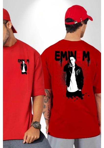 Eminem Rap Tanrısı Kadın Erkek Ön Minimal Sırt Baskılı Kırmızı Pamuklu Tişört fırsatları
