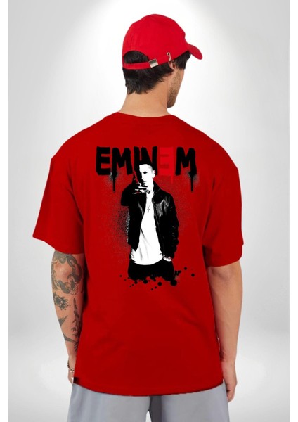 Eminem Rap Tanrısı Kadın Erkek Ön Minimal Sırt Baskılı Kırmızı Pamuklu Tişört indirimleri