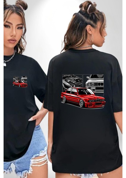 Efsane Sokak Tarzı Araba Kadın Erkek Ön Minimal Sırt Baskılı Siyah Pamuklu Tişört