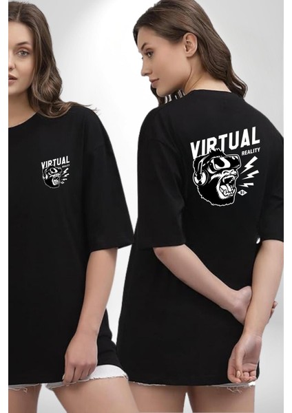 Goril Sanal Gerçeklik Kadın Erkek Ön Minimal Sırt Baskılı Siyah Pamuklu Tişört
