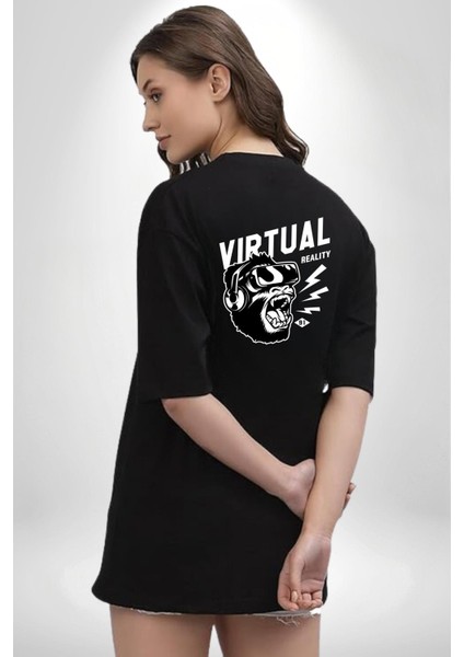 Goril Sanal Gerçeklik Kadın Erkek Ön Minimal Sırt Baskılı Siyah Pamuklu Tişört modelleri