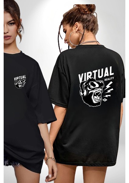 Goril Sanal Gerçeklik Kadın Erkek Ön Minimal Sırt Baskılı Siyah Pamuklu Tişört indirimleri