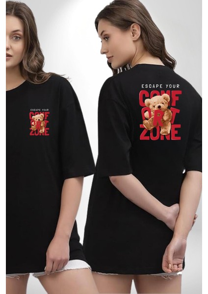 Konfor Bölgenizden Kaçın Oyuncak Ayı Kadın Erkek Ön Minimal Sırt Baskılı Siyah Pamuklu Tişört