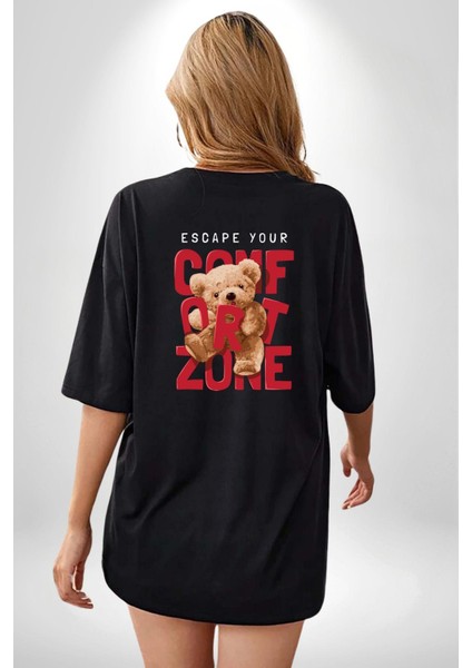 Konfor Bölgenizden Kaçın Oyuncak Ayı Kadın Erkek Ön Minimal Sırt Baskılı Siyah Pamuklu Tişört fiyatları