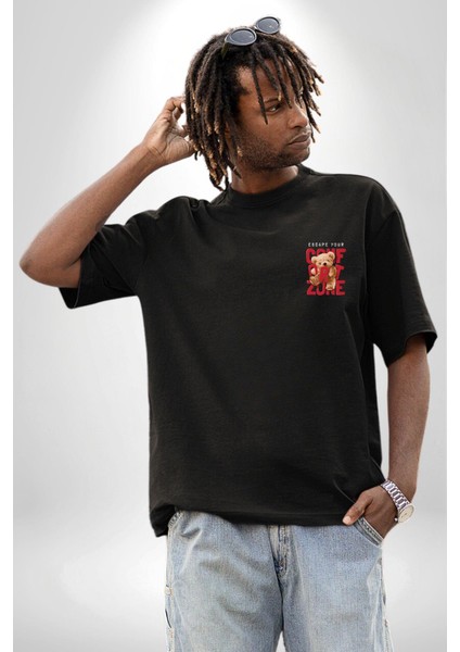 Konfor Bölgenizden Kaçın Oyuncak Ayı Kadın Erkek Ön Minimal Sırt Baskılı Siyah Pamuklu Tişört modelleri