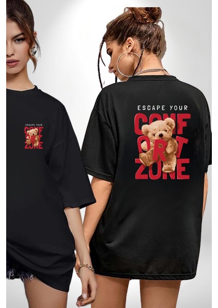 Konfor Bölgenizden Kaçın Oyuncak Ayı Kadın Erkek Ön Minimal Sırt Baskılı Siyah Pamuklu Tişört fırsatları