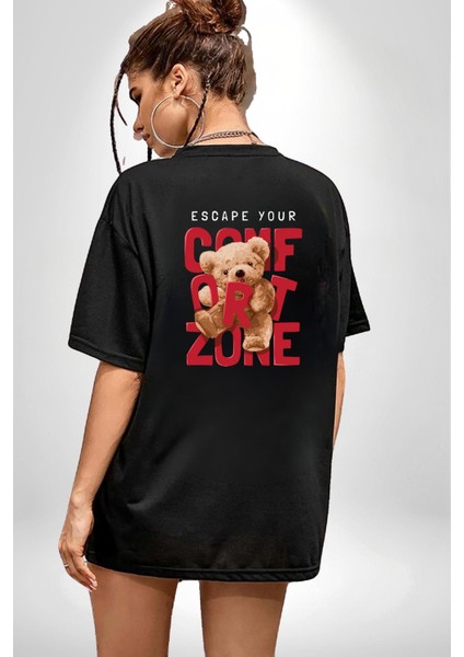 Konfor Bölgenizden Kaçın Oyuncak Ayı Kadın Erkek Ön Minimal Sırt Baskılı Siyah Pamuklu Tişört indirimleri
