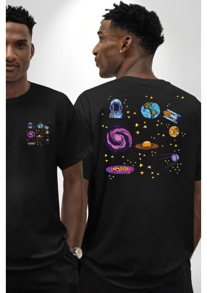 Uzay Evrensel Yıldızlar Gezegenler Kadın Erkek Ön Minimal Sırt Baskılı Siyah Pamuklu Tişört