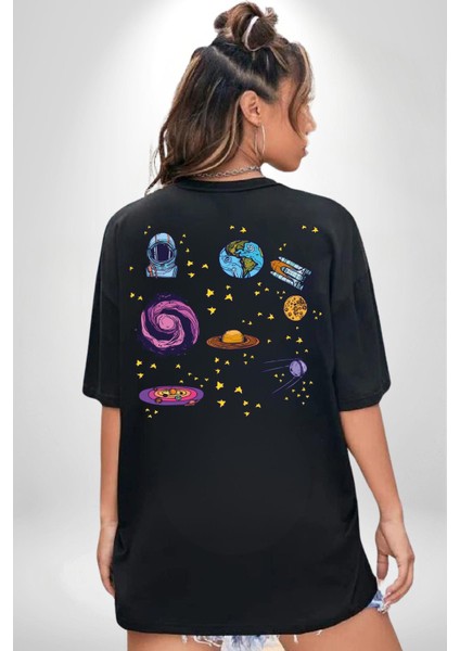 Uzay Evrensel Yıldızlar Gezegenler Kadın Erkek Ön Minimal Sırt Baskılı Siyah Pamuklu Tişört fiyatları