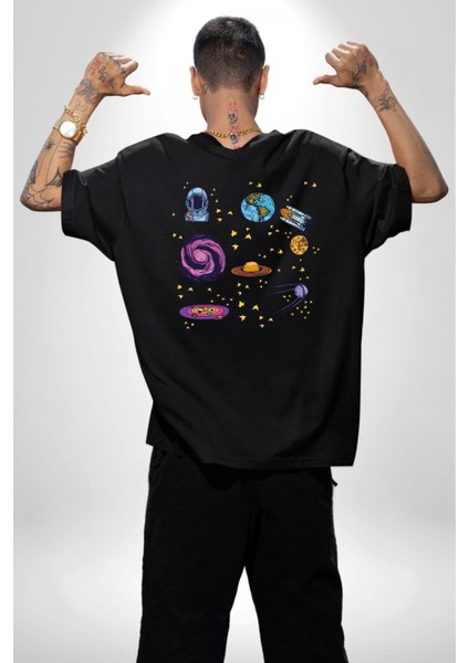 Uzay Evrensel Yıldızlar Gezegenler Kadın Erkek Ön Minimal Sırt Baskılı Siyah Pamuklu Tişört indirimleri