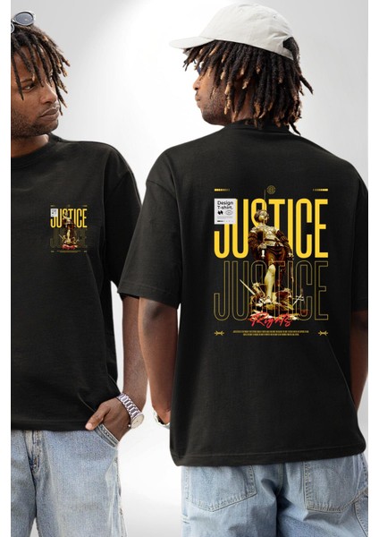 Adalet Doğru Olan Sokak Tarzı Kadın Erkek Ön Minimal Sırt Baskılı Siyah Pamuklu Tişört
