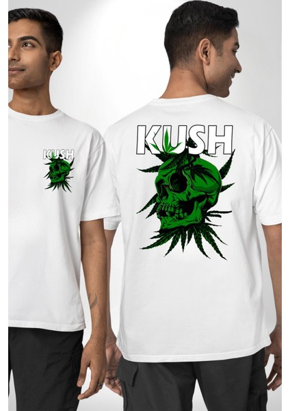 Kush Kuru Kafa Tasarım Yeşil Ölüm Kadın Erkek Ön Minimal Sırt Baskılı Beyaz Pamuklu Tişört fırsatları