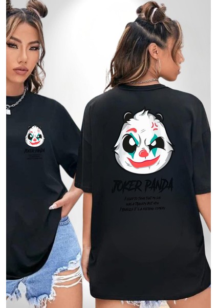 Panda Tatlı Ayıcık Dövmeli Kadın Erkek Ön Minimal Sırt Baskılı Siyah Pamuklu Tişört