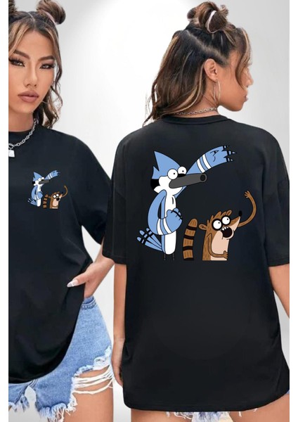 Sürekli Dizi Mordecai ve Rigby Kadın Erkek Ön Minimal Sırt Baskılı Siyah Pamuklu Tişört