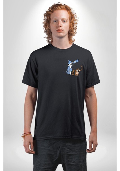 Sürekli Dizi Mordecai ve Rigby Kadın Erkek Ön Minimal Sırt Baskılı Siyah Pamuklu Tişört modelleri