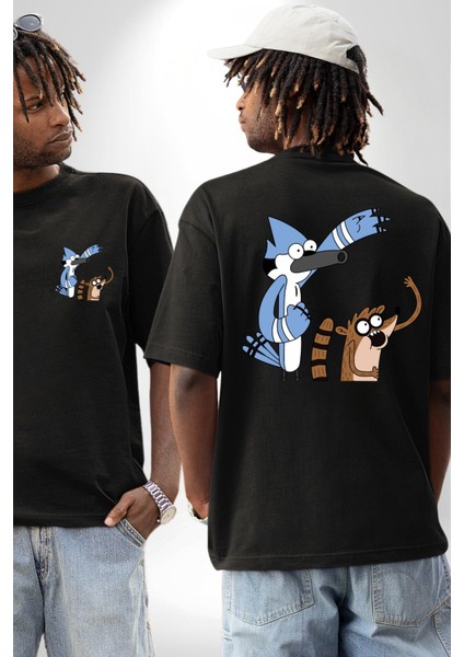 Sürekli Dizi Mordecai ve Rigby Kadın Erkek Ön Minimal Sırt Baskılı Siyah Pamuklu Tişört fırsatları