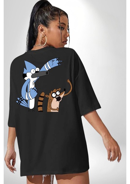 Sürekli Dizi Mordecai ve Rigby Kadın Erkek Ön Minimal Sırt Baskılı Siyah Pamuklu Tişört indirimleri