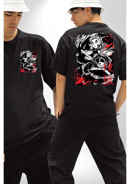 Demon Slayer Kyojuro Rengoku Anime Kadın Erkek Ön Minimal Sırt Baskılı Siyah Pamuklu Tişört