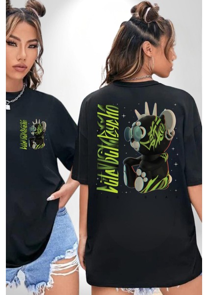 Tatlı Punk Oyuncak Ayı Kadın Erkek Ön Minimal Sırt Baskılı Siyah Pamuklu Tişört