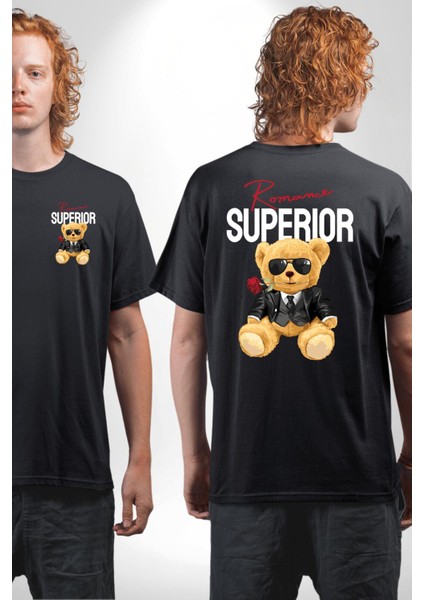 Romantik Oyuncak Ayı Kadın Erkek Ön Minimal Sırt Baskılı Siyah Pamuklu Tişört