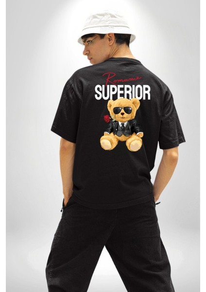 Romantik Oyuncak Ayı Kadın Erkek Ön Minimal Sırt Baskılı Siyah Pamuklu Tişört fiyatları