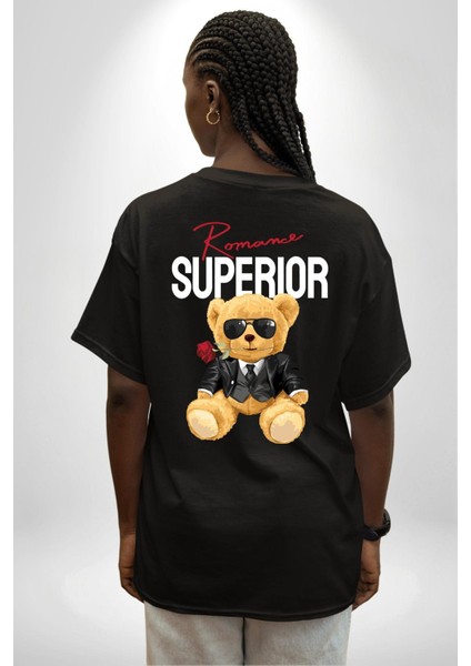 Romantik Oyuncak Ayı Kadın Erkek Ön Minimal Sırt Baskılı Siyah Pamuklu Tişört indirimleri