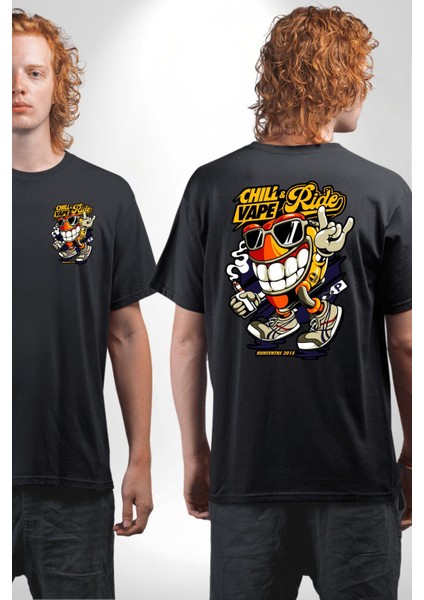 Sakin Ol Vape ve Sür Kadın Erkek Ön Minimal Sırt Baskılı Siyah Pamuklu Tişört