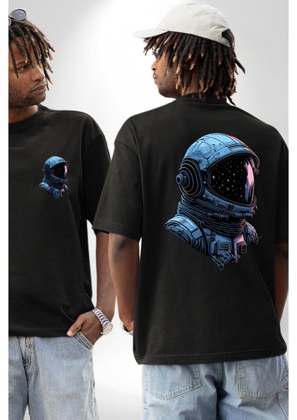 Astronot Uzay Space x Kadın Erkek Ön Minimal Sırt Baskılı Siyah Pamuklu Tişört