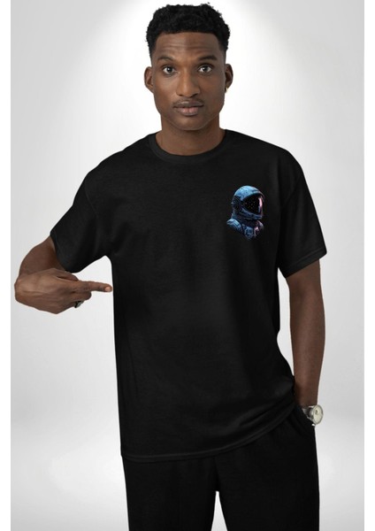 Astronot Uzay Space x Kadın Erkek Ön Minimal Sırt Baskılı Siyah Pamuklu Tişört modelleri