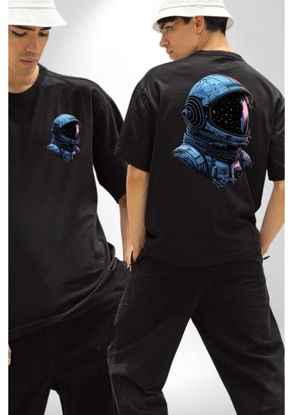 Astronot Uzay Space x Kadın Erkek Ön Minimal Sırt Baskılı Siyah Pamuklu Tişört fırsatları