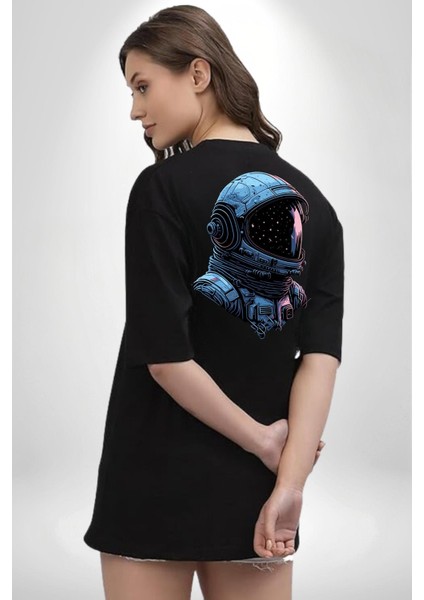 Astronot Uzay Space x Kadın Erkek Ön Minimal Sırt Baskılı Siyah Pamuklu Tişört indirimleri
