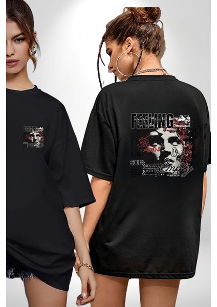 Boş Hissetmek Yunan Heykeli Kadın Erkek Ön Minimal Sırt Baskılı Siyah Pamuklu Tişört
