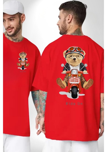 Motor Süren Oyuncak Ayı Kadın Erkek Ön Minimal Sırt Baskılı Kırmızı Pamuklu Tişört