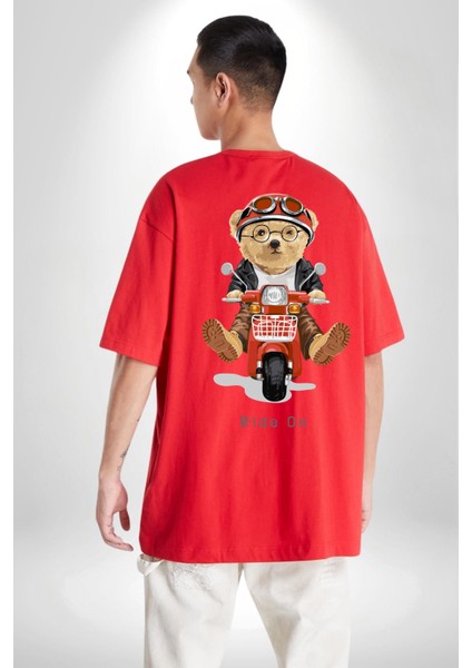 Motor Süren Oyuncak Ayı Kadın Erkek Ön Minimal Sırt Baskılı Kırmızı Pamuklu Tişört fiyatları
