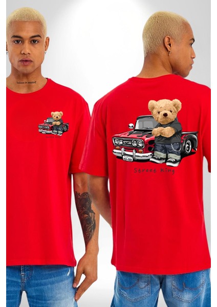 Sokak Kralı Havalı Araba Tatlı Ayı Kadın Erkek Ön Minimal Sırt Baskılı Kırmızı Pamuklu Tişört