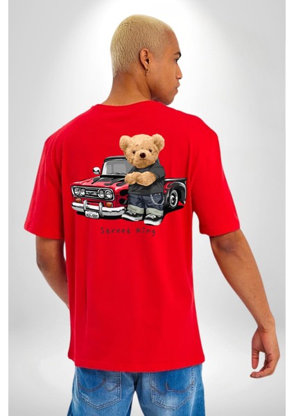 Sokak Kralı Havalı Araba Tatlı Ayı Kadın Erkek Ön Minimal Sırt Baskılı Kırmızı Pamuklu Tişört fiyatları