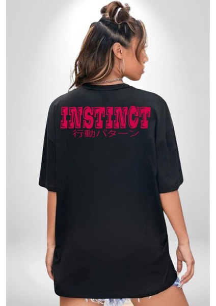 Içgüdü Japon Sade Yazı Kadın Erkek Ön Minimal Sırt Baskılı Siyah Pamuklu Tişört fiyatları